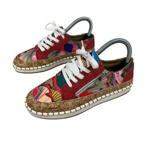 Colorful Cork Sole Floral Print Sneakers White Laces Side Zippers Womens Sz 5.5